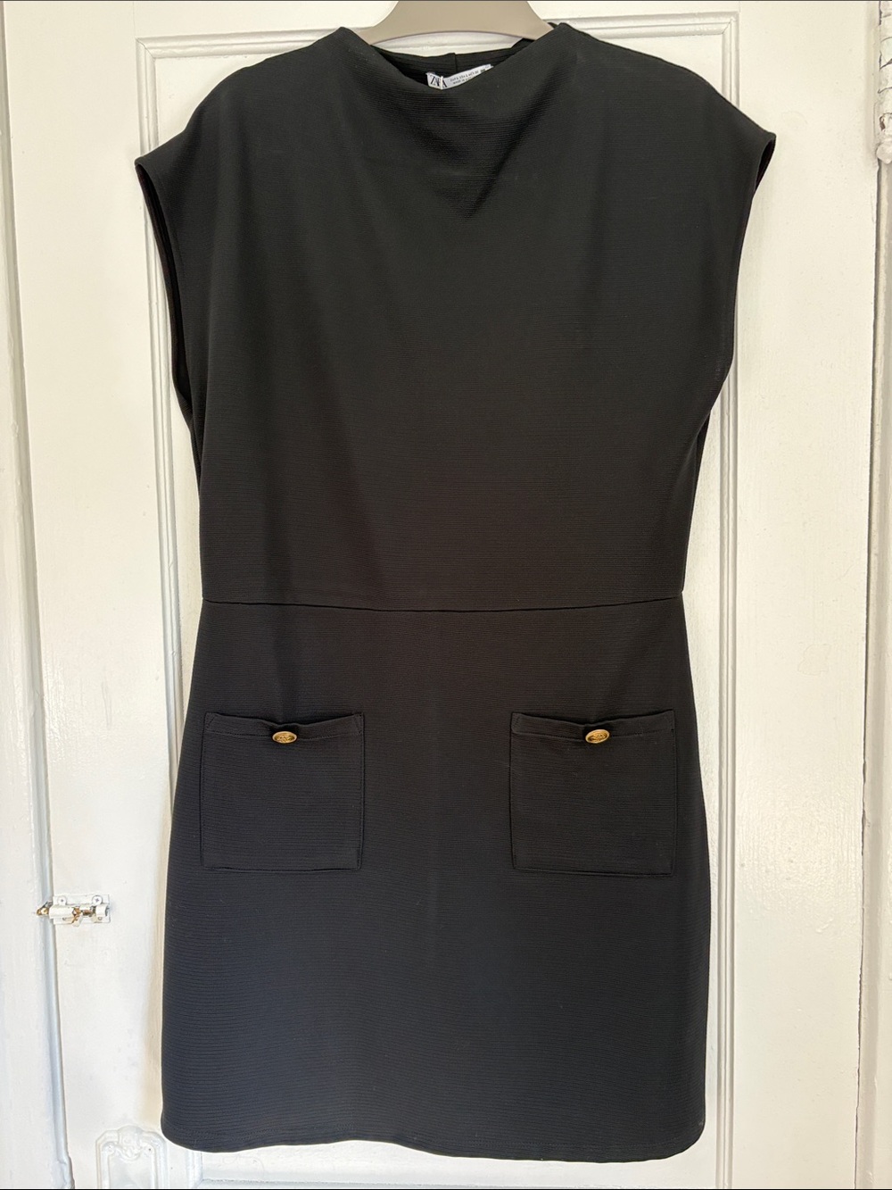 Zara Black Mini Shift Dress with Front Pocket Detail